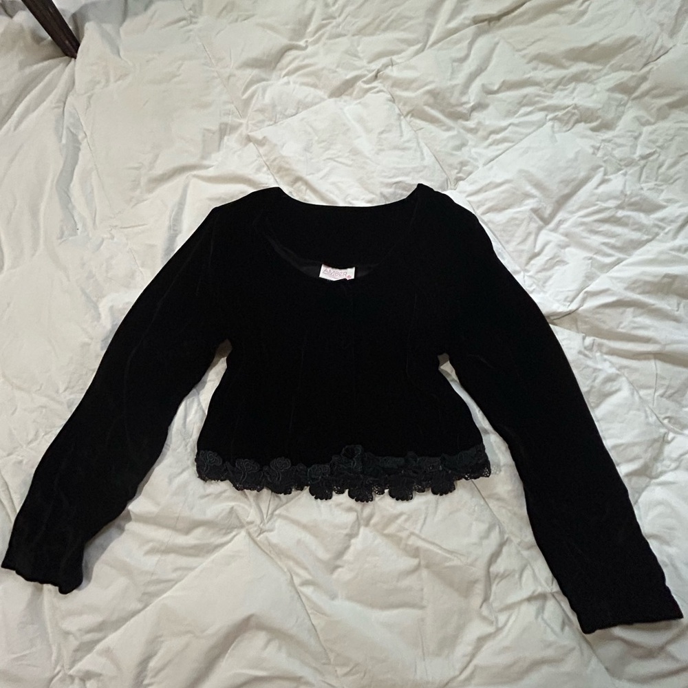 Black Velvet Long Sleeve Top with Lace Trim
